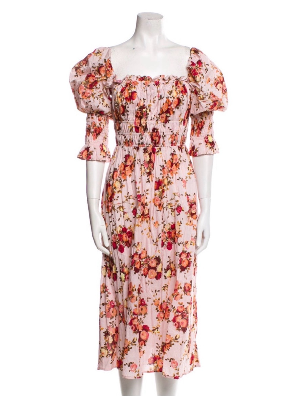 EUC: Damaris Bailey Smocked Puff-Sleeve Floral Midi Dress in Blush Pink in XS